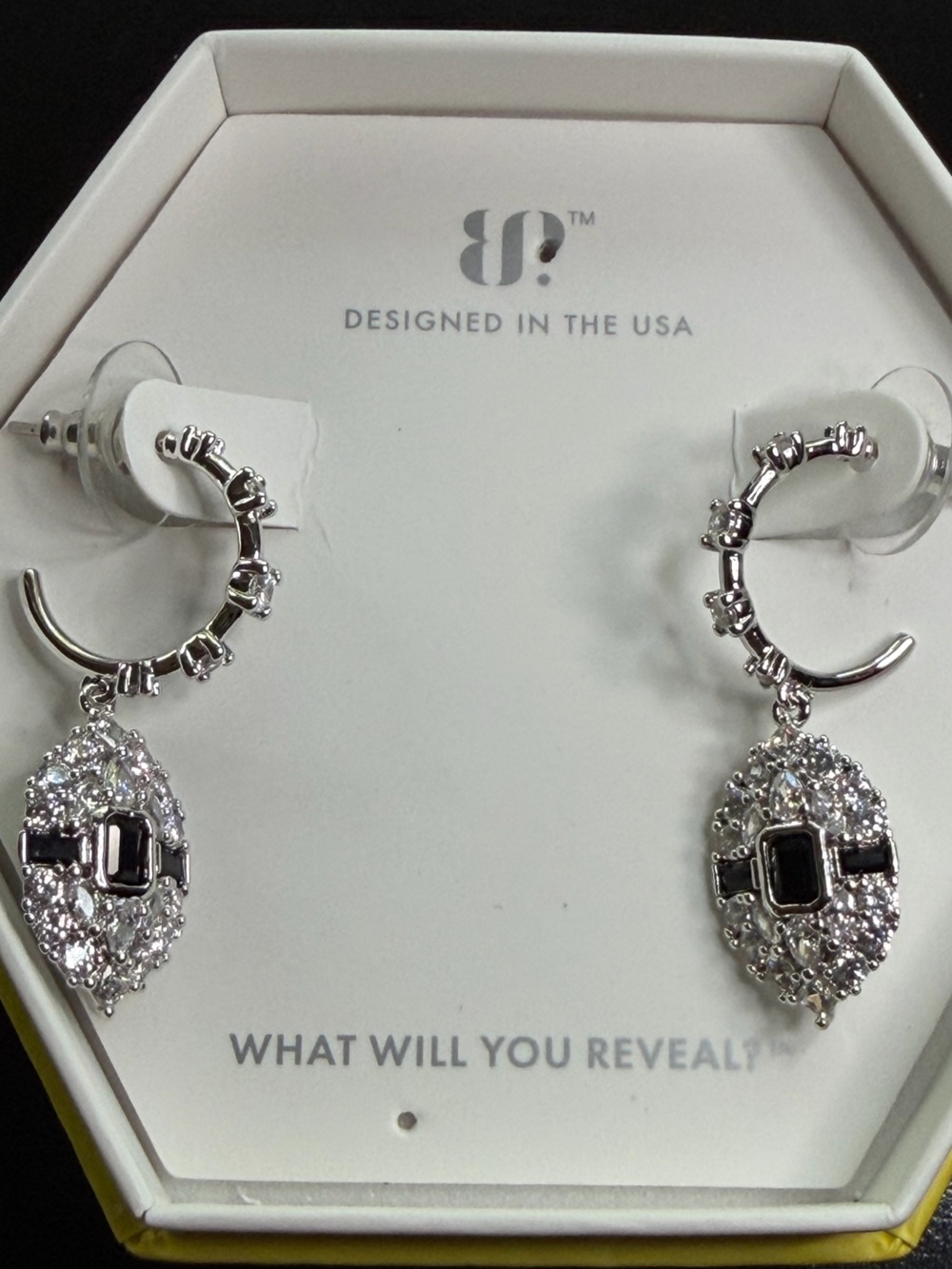 Rhodium Crystal Drop Hoop Earrings with Black Stone Accents
